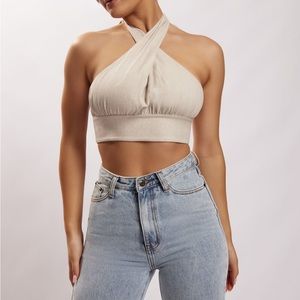 NWT MESHKI HALTER NECK LINEN CROP TOP